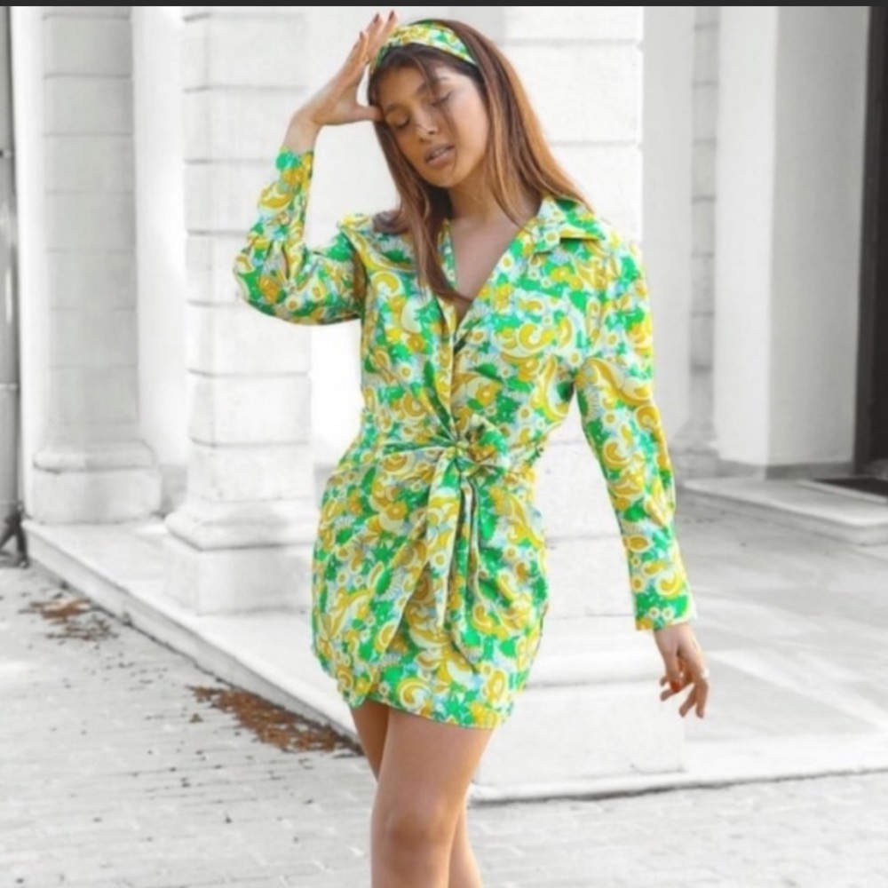 Zara green & yellow print mini dress